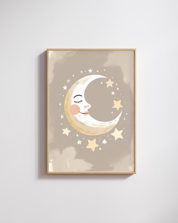 Sleepy Moon Stars Soft Minimalist Baby Wall Art