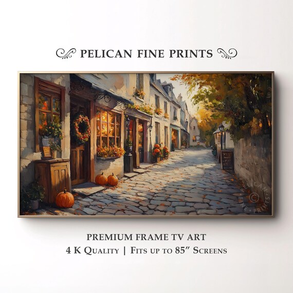 Rustic Autumn Cobblestone Street Art Vintage Cozy Town Frame Tv Warm Fall Decor Tv26