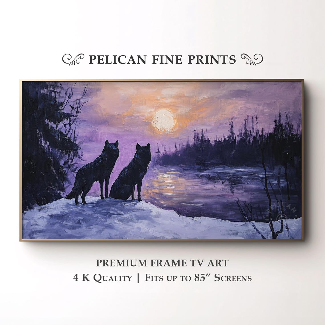 Winter Wolf Silhouettes Snowy Lakeshore Moonlit Purple Dusk Wall Art