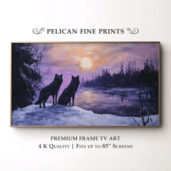 Winter Wildlife Frame Tv Art Moody Wolf Silhouettes Rustic Landscape Cottage Wall Decor Tv75