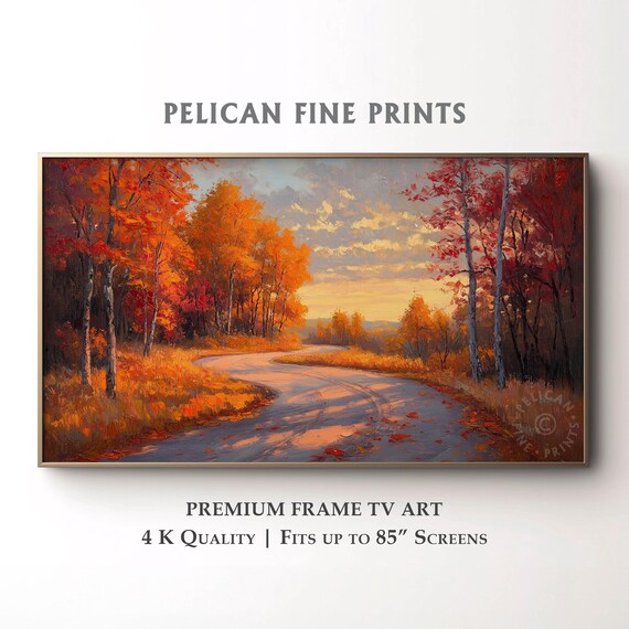 Winding Country Road Frame Tv Art Autumn Maple Trees Painting Rustic Fall Landscape Cozy Forest Path Scene Tv019