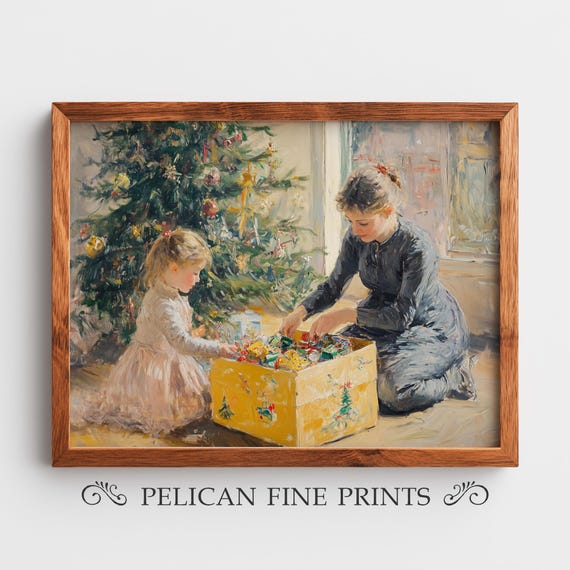 Vintage Christmas Morning Scene Mother And Daughter Holiday Nostalgia Wall Art H112