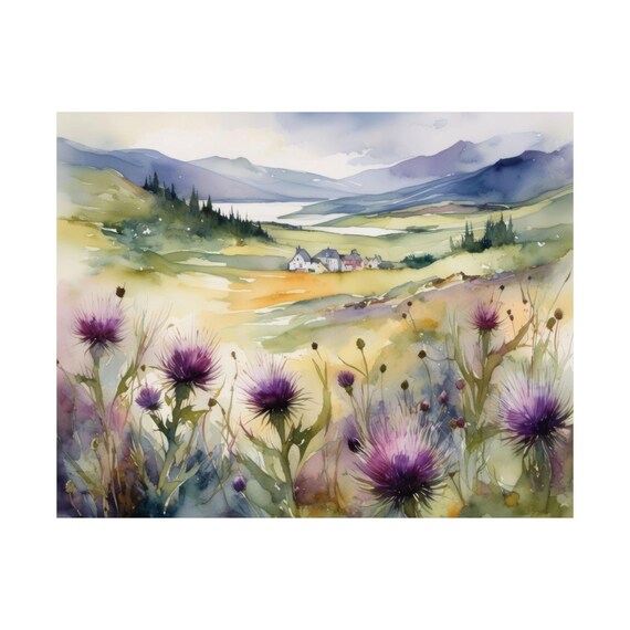 Scottish Thistles in Highland Valley Watercolor Landscape Poster