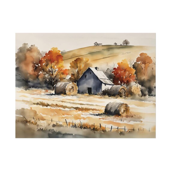 Farmhouse Rustic Watercolor Print Haystack Autumn Landscape Painting Countryside Wall Art Farm Decor
