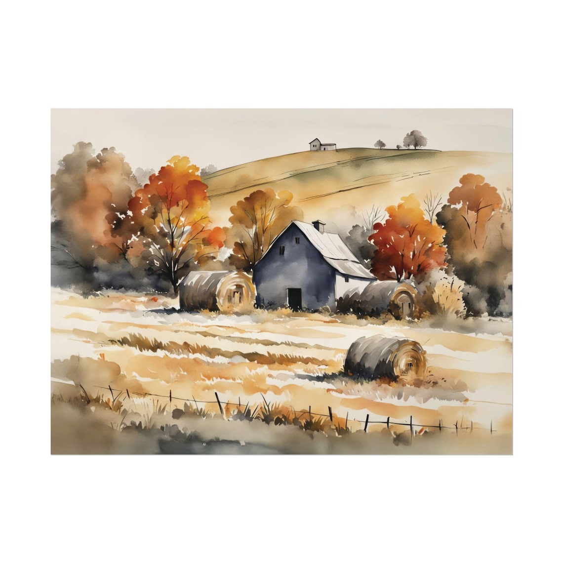 Farmhouse Rustic Watercolor Print Haystack Autumn Landscape Painting Countryside Wall Art Farm Decor