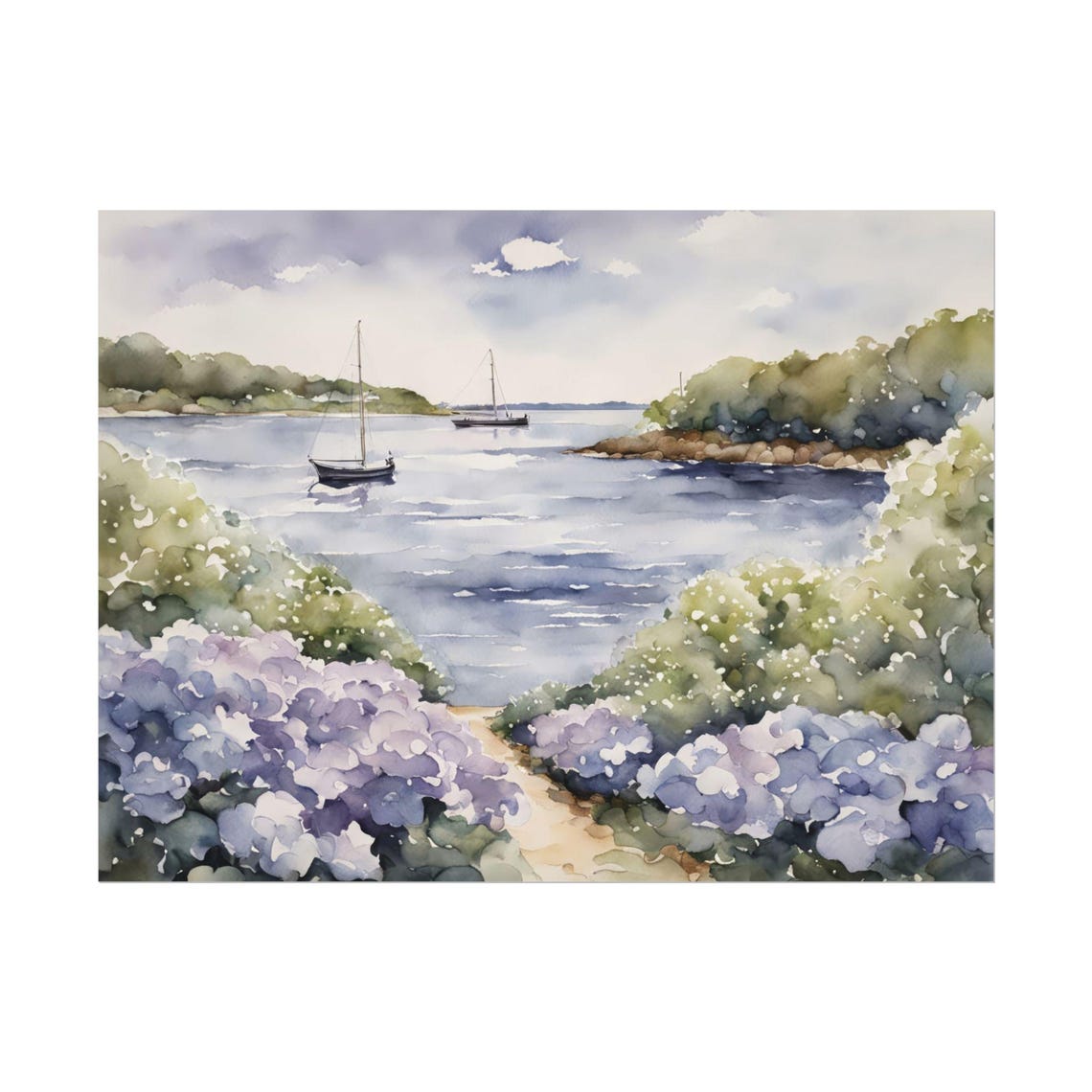 Cape Cod Hydrangeas Sailboats Bay Watercolor Coastal Garden Wall Art