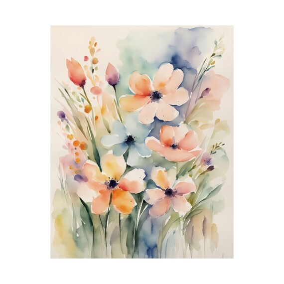 Pastel Wildflower Watercolor Poppies Peach Coral and Blue Floral Poster