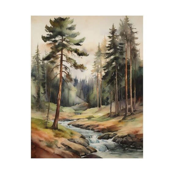 Pine Trees Forest Stream Watercolor Woodland River Landscape Poster