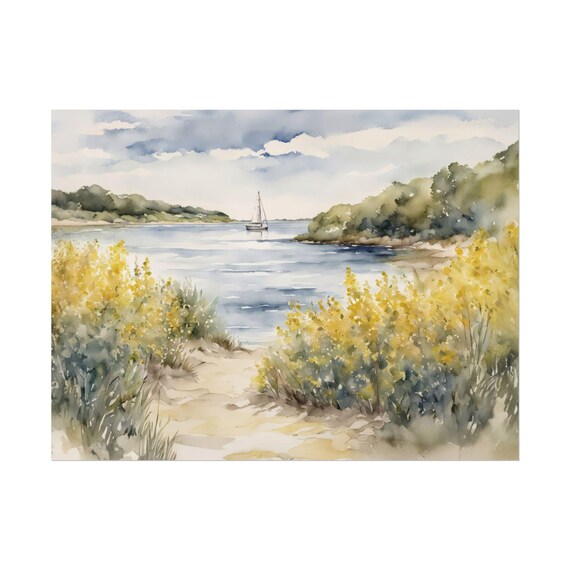 Cape Cod Beach Watercolor Poster Coastal Goldenrod Path And Sailboat