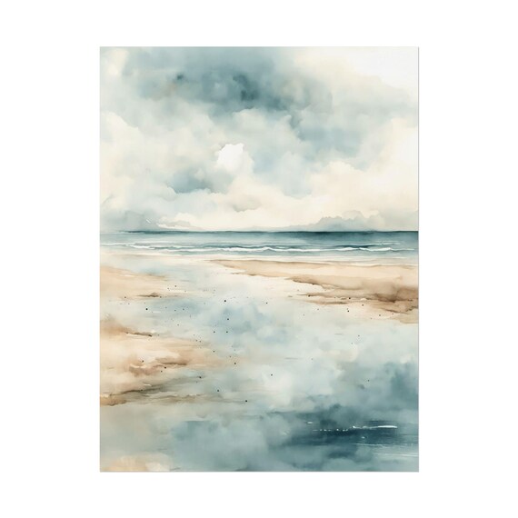 Calm Beach Cloudy Sky Watercolor Gentle Waves Sandy Shore Wall Art