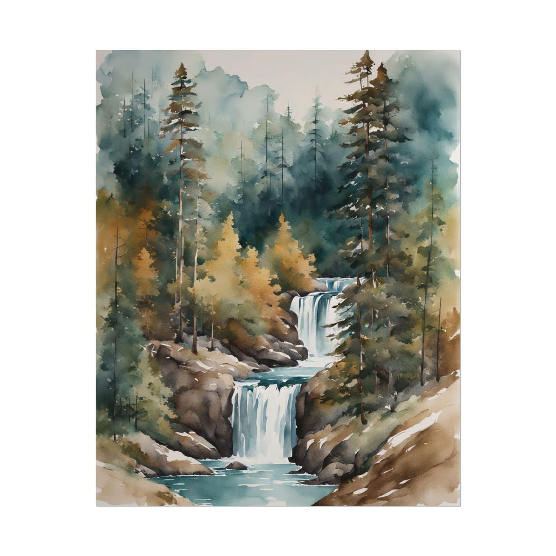Misty Forest Waterfall Pine Trees Watercolor Nature Wall Art