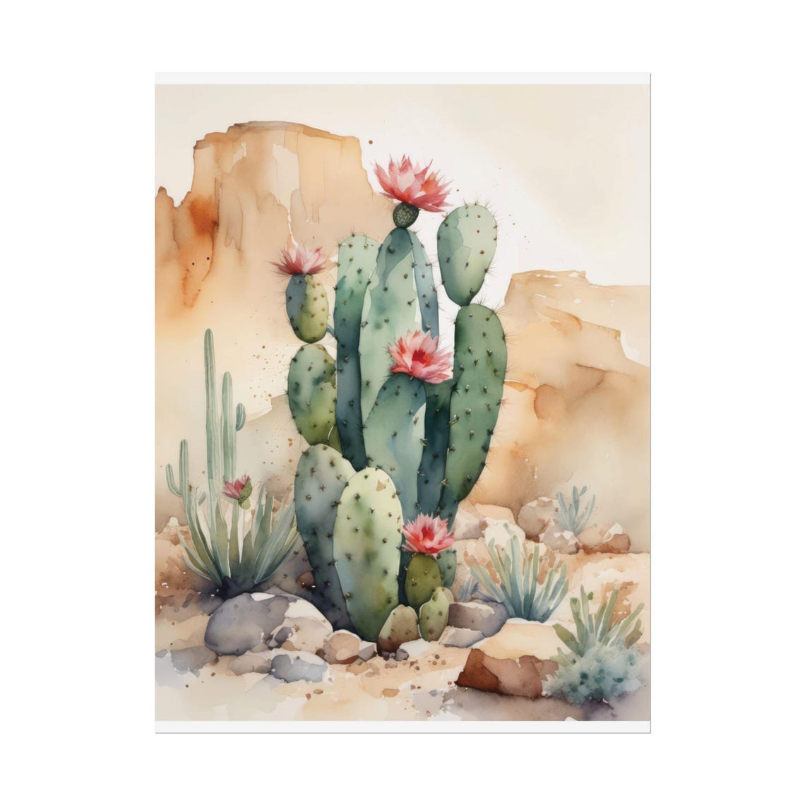 Pink Cactus Blooms Desert Prickly Pear Expressive Watercolor Poster