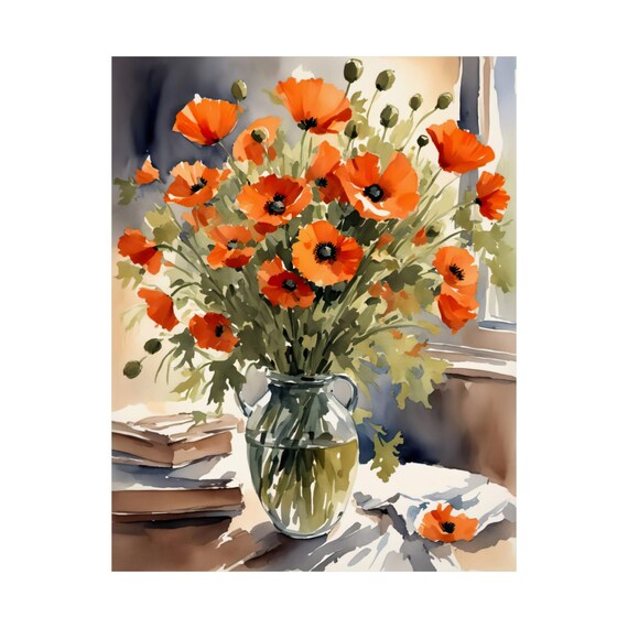 Orange Poppies in Glass Jug Still Life Watercolor Art Poster