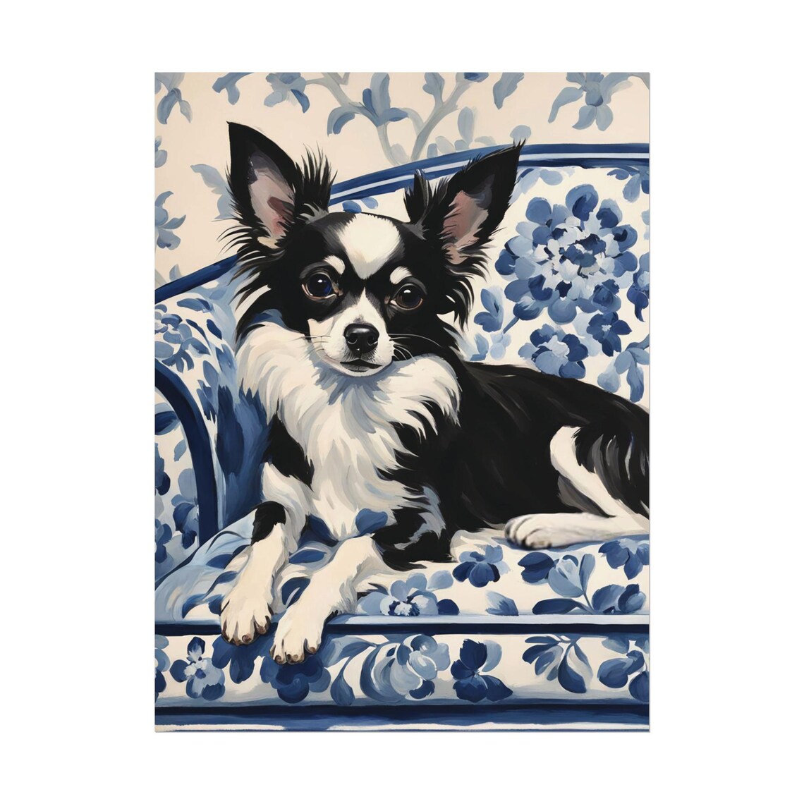 Long Hair Chihuahua Blue Floral Gouache Dog Art Print