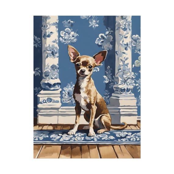 Brown Chihuahua Art Print Nc184 Blue Floral Chinoiserie Wall Dog Lover Poster Gouache Watercolor Painting