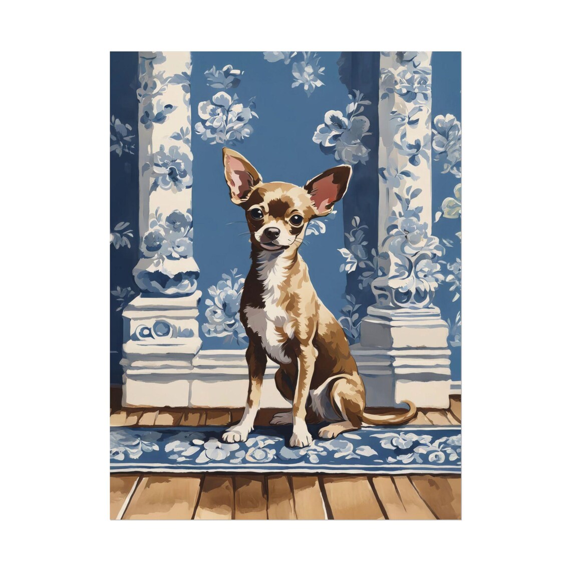 Brown Chihuahua Blue Floral Column Chinoiserie Dog Art Poster