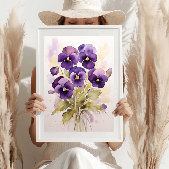 Purple Pansy Flowers Painting Pansies Watercolor Floral Wall Art Botanical Fine Print Giclee