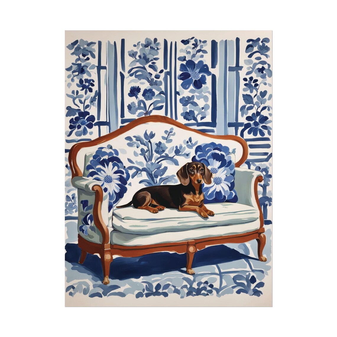 Dachshund Blue Floral Chinoiserie Art Print
