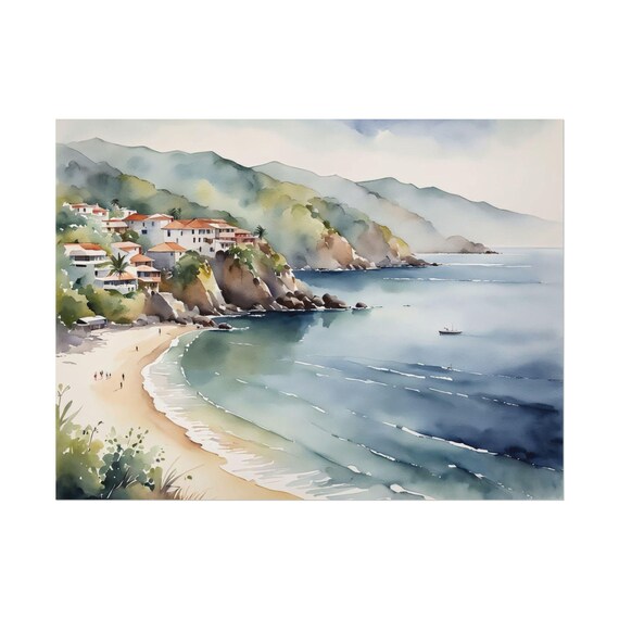 Cliffside Coastal Village Red Roofs Sandy Cove Watercolor Poster