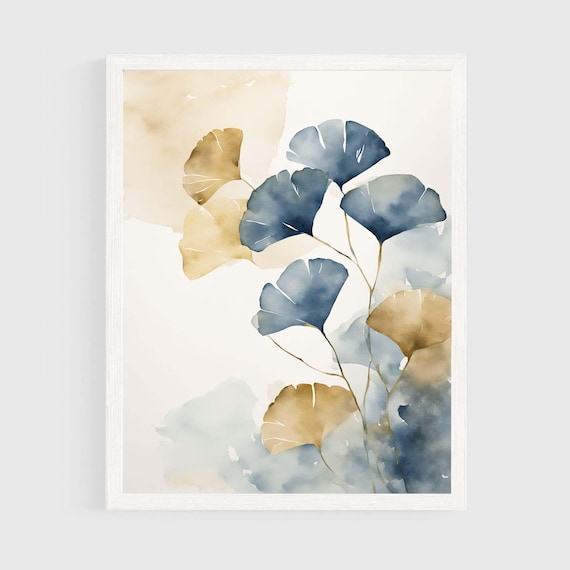 Ginkgo Branch Blue and Gold Leaves Minimalist Watercolor Poster