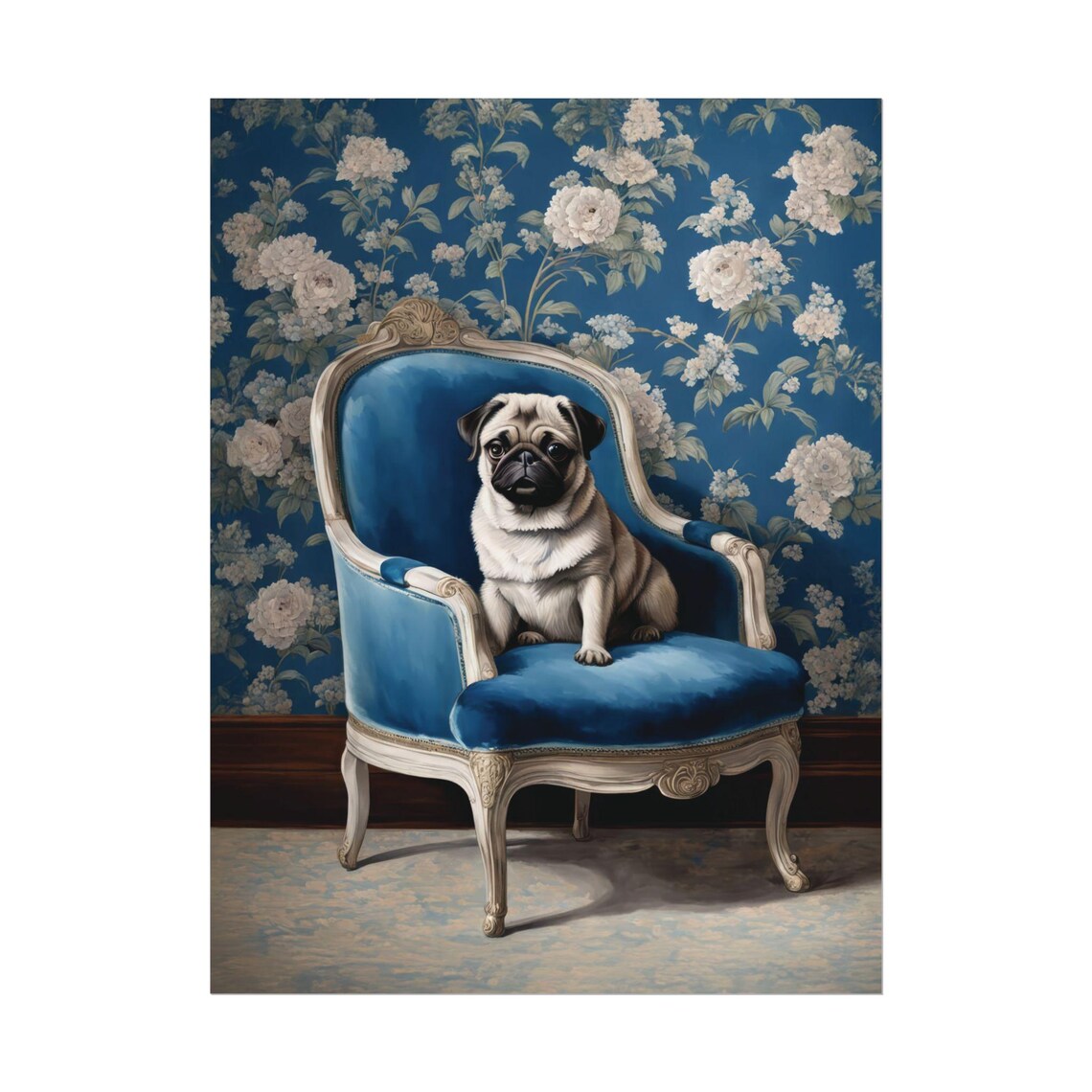 Pug Puppy On Blue Velvet Chair Floral Wallpaper Watercolor Poster