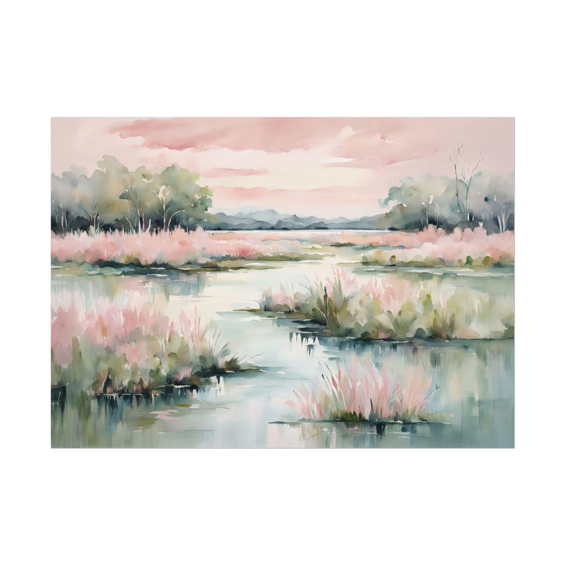 Pink Sunset Marsh Wetlands Wildflowers Watercolor Landscape Poster