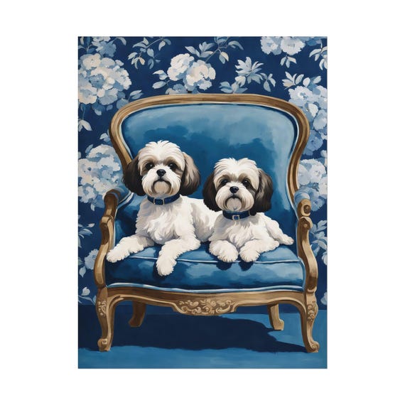 Two Shih Poo Tzu Poodle Mix Dogs Art Print Matte Vertical Posters Dog Lover Poster Watercolor Painting Blue Floral Chinoiserie