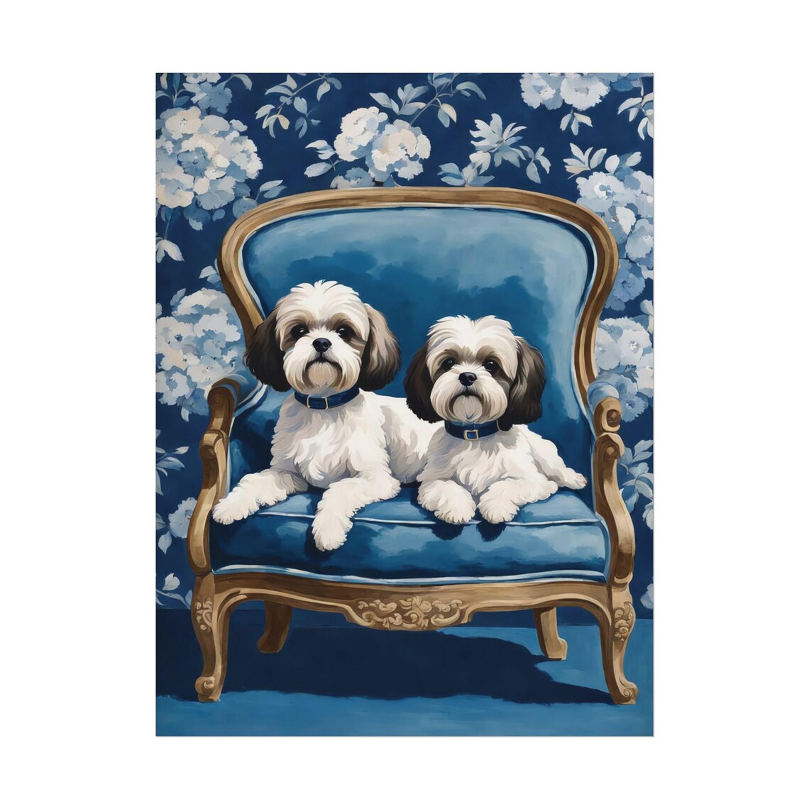 Shih Tzu Dogs Portrait Pair Blue Velvet Armchair Floral Poster Art