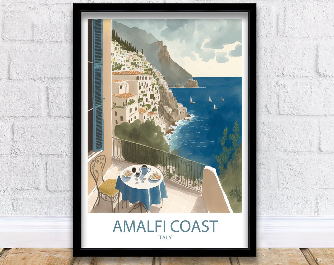 Amalfi Coast Italy Balcony Coffee Sea View Romantic Travel Poster