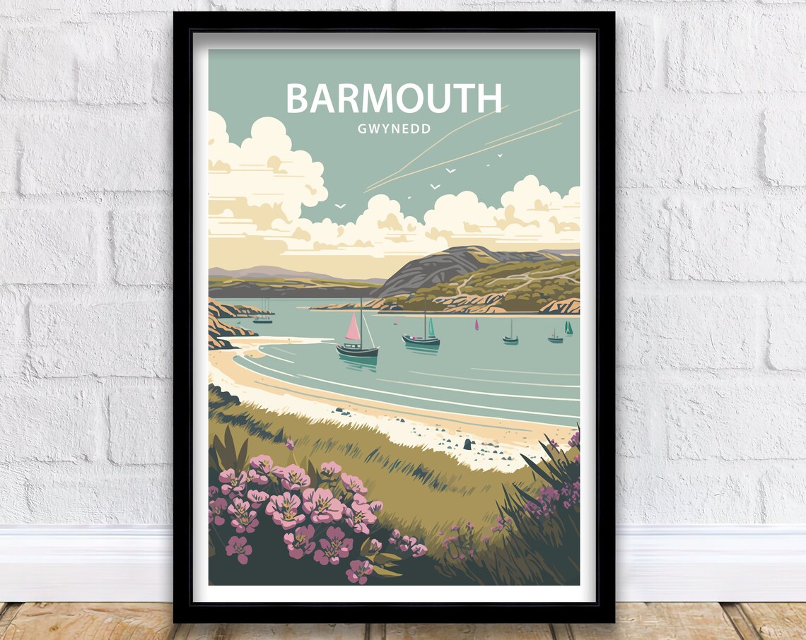 Barmouth Gwynedd Wales Sailboat Harbor Pink Flowers Travel Poster