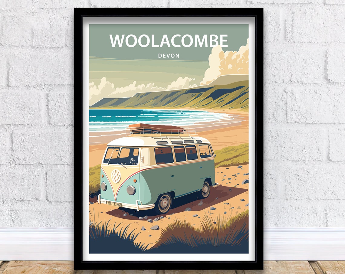 Woolacombe Devon VW Camper Van Beach Surf Retro Travel Poster
