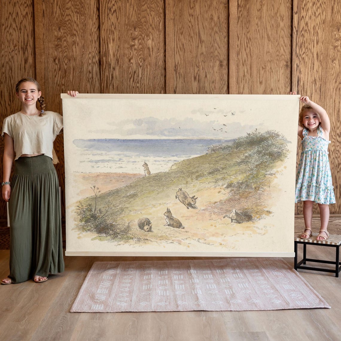 Playful Bunnies Beach Dunes Watercolor Kids Nursery Wall Poster