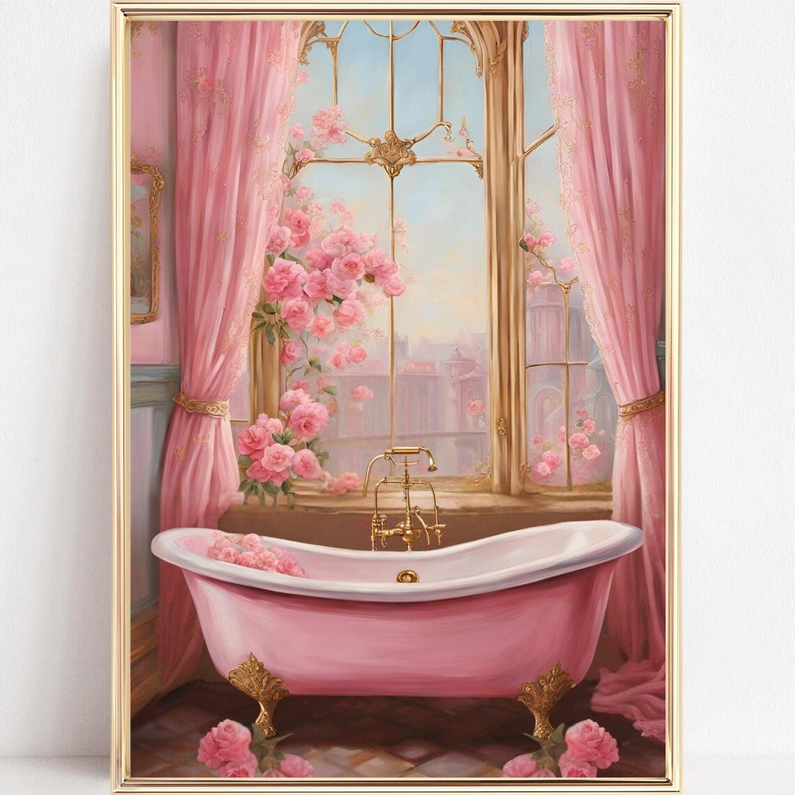 Pink Bathtub Before Tall Windows with Roses Romantic Decor Poster