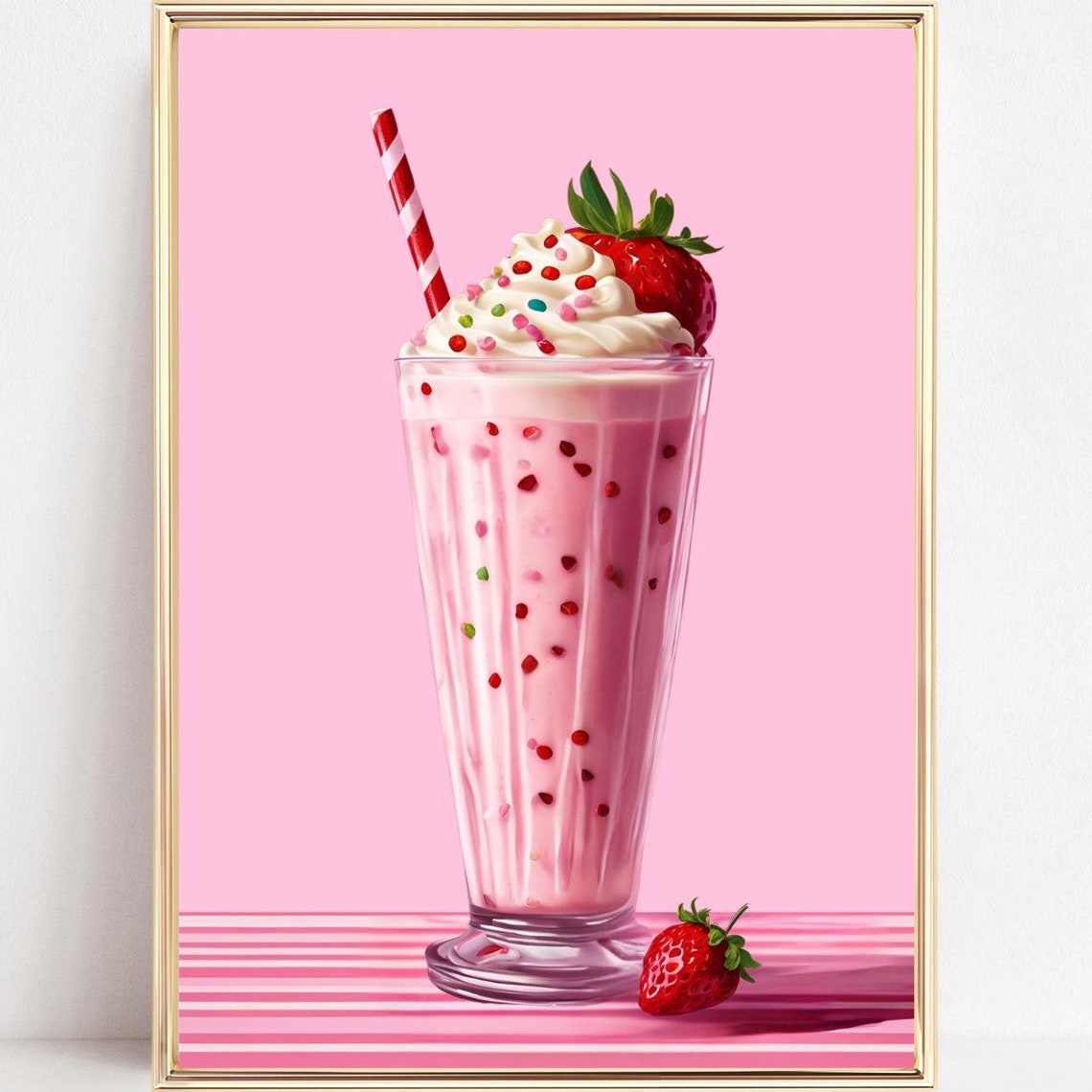 Pink Milkshake Art Print Girly Kitchen Print Preppy Food Prints Retro Food Poster Vintage Foodie Art Coquette Aesthetic Sprinkles