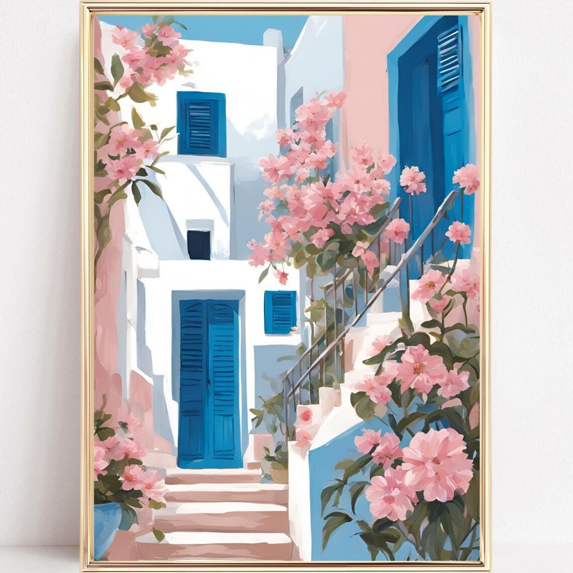 Whitewashed Greek Alley with Blue Doors and Blossoms Travel Poster