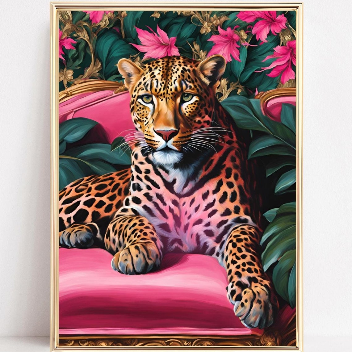 Leopard Lounging on a Pink Sofa in Tropical Flowers Art Poster