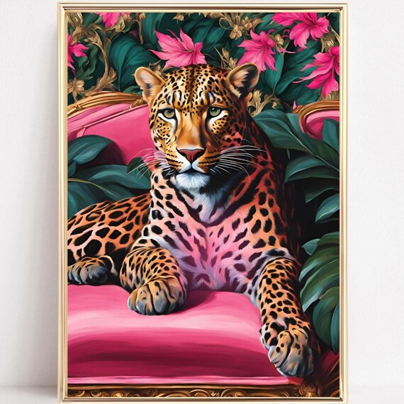 Leopard Lounging on a Pink Sofa in Tropical Flowers Art Poster
