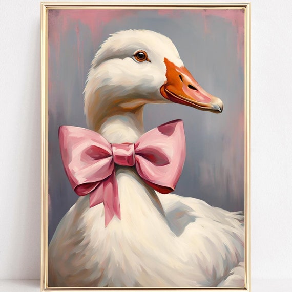 Goose Wall Art Print Vintage Goose Cute Goose Nursery Decor Goose With Bow Girls Room Art Pink Coquette Aesthetic Pink Bow Decor
