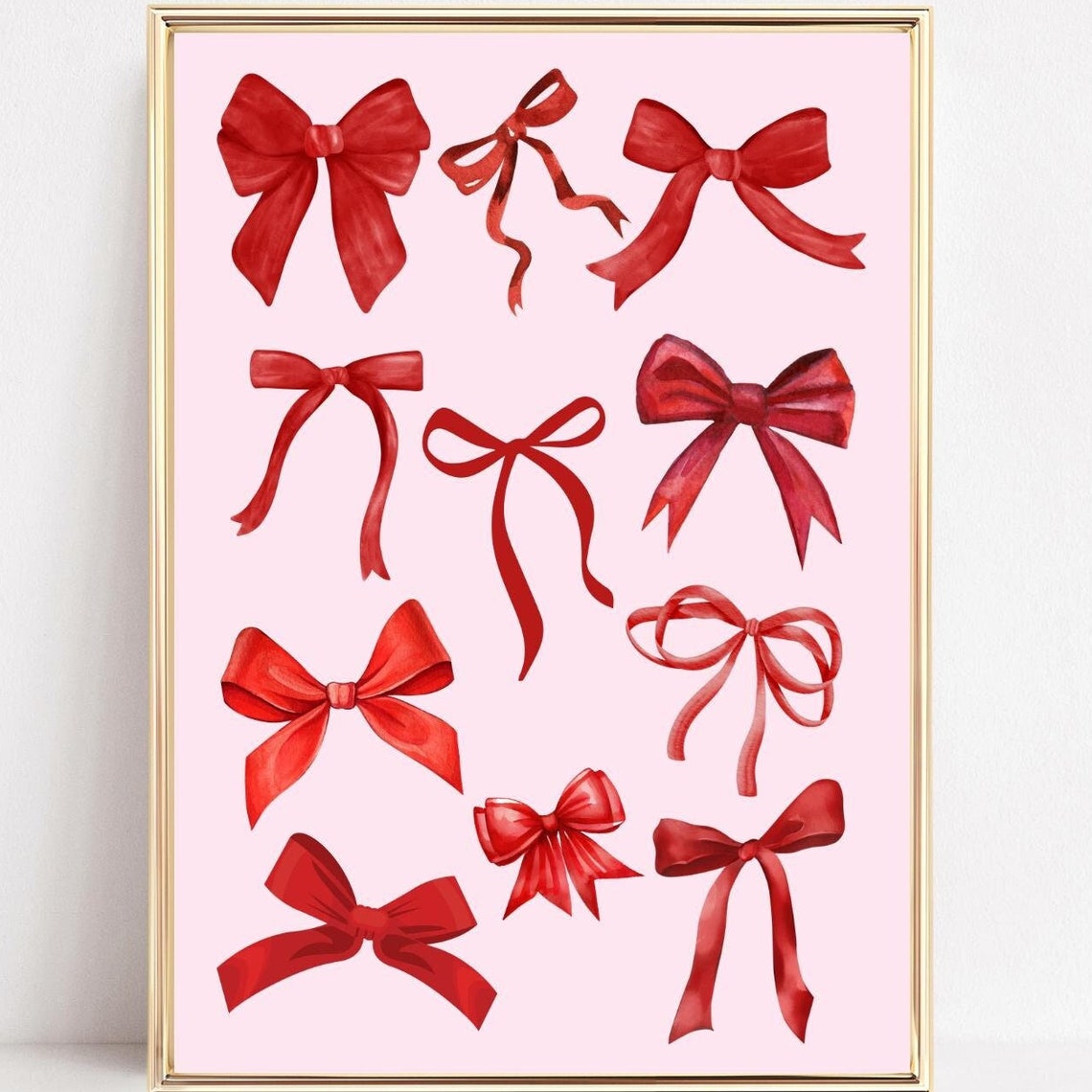 Red Ribbon Bows Pattern on Pink Background Coquette Decor Poster