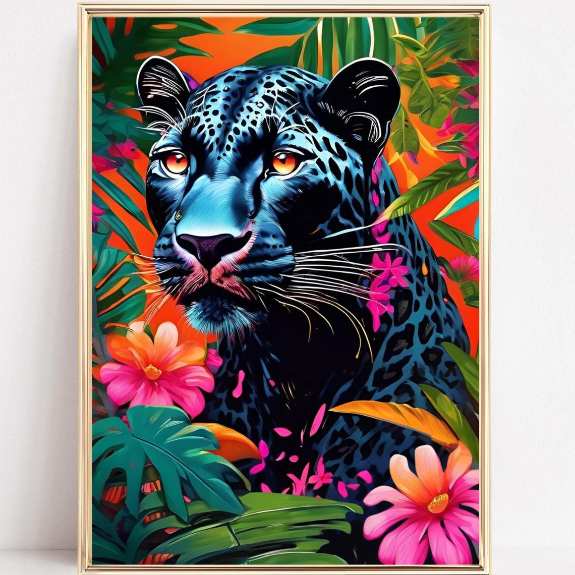 Black Panther in a Neon Tropical Jungle Bold Statement Poster