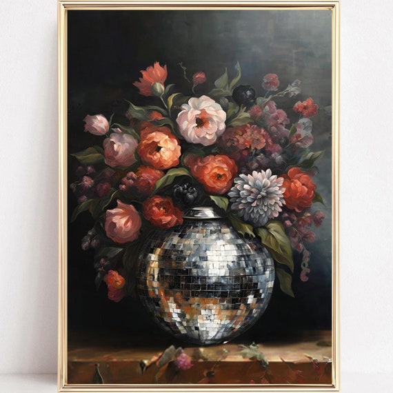 Disco Ball Vase Art Moody Dark Cottagecore Print Retro Floral Disco Ball Poster Eclectic Maximalist Aesthetic Funky Art Poster