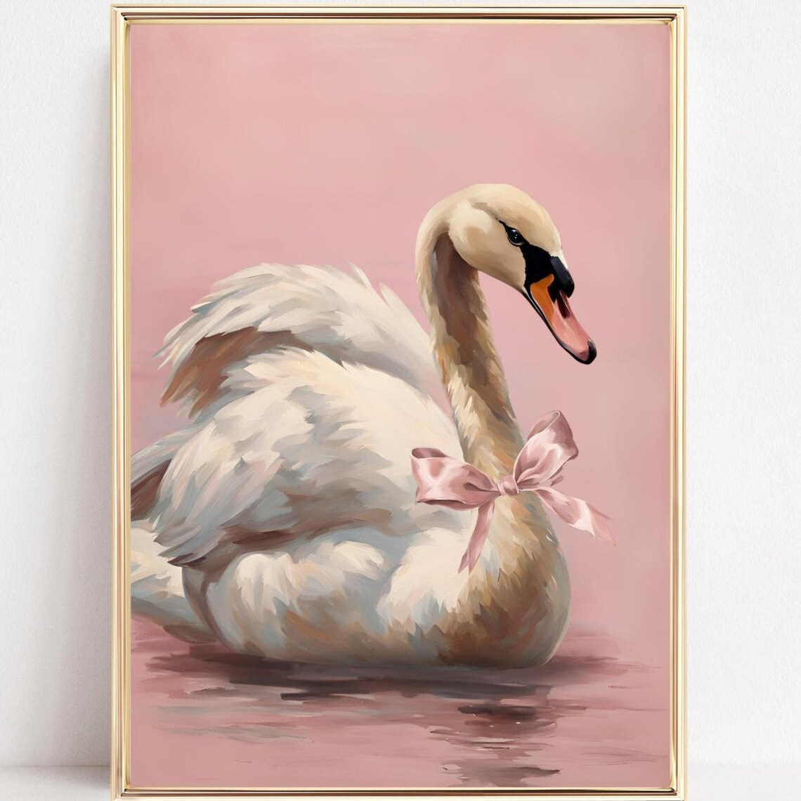 White Swan with Pink Bow Floating in Pink Water Elegant Poster