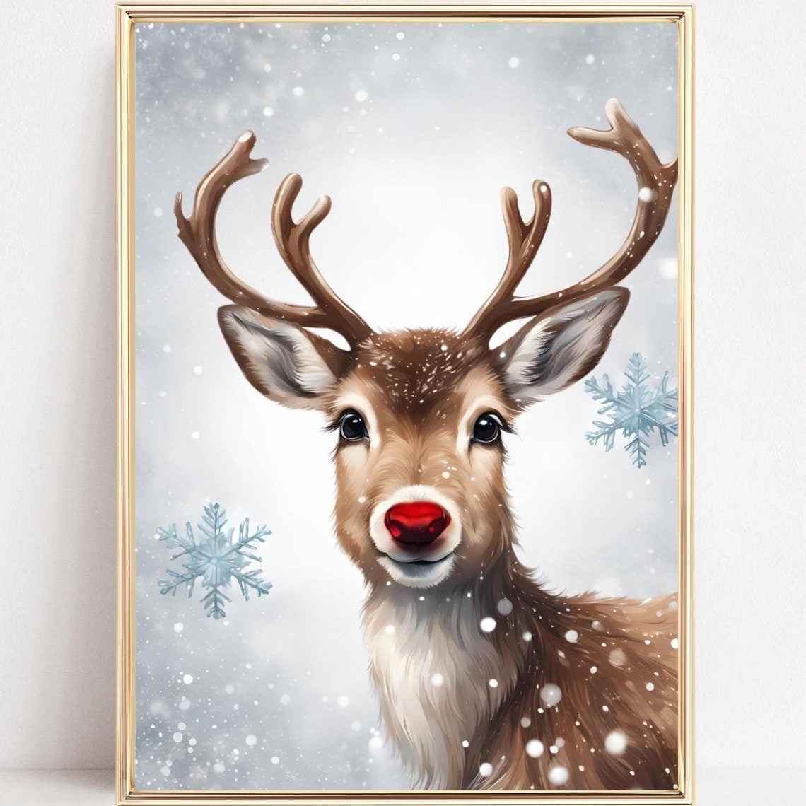 Cute Red Nose Reindeer in Snowy Winter Christmas Holiday Poster