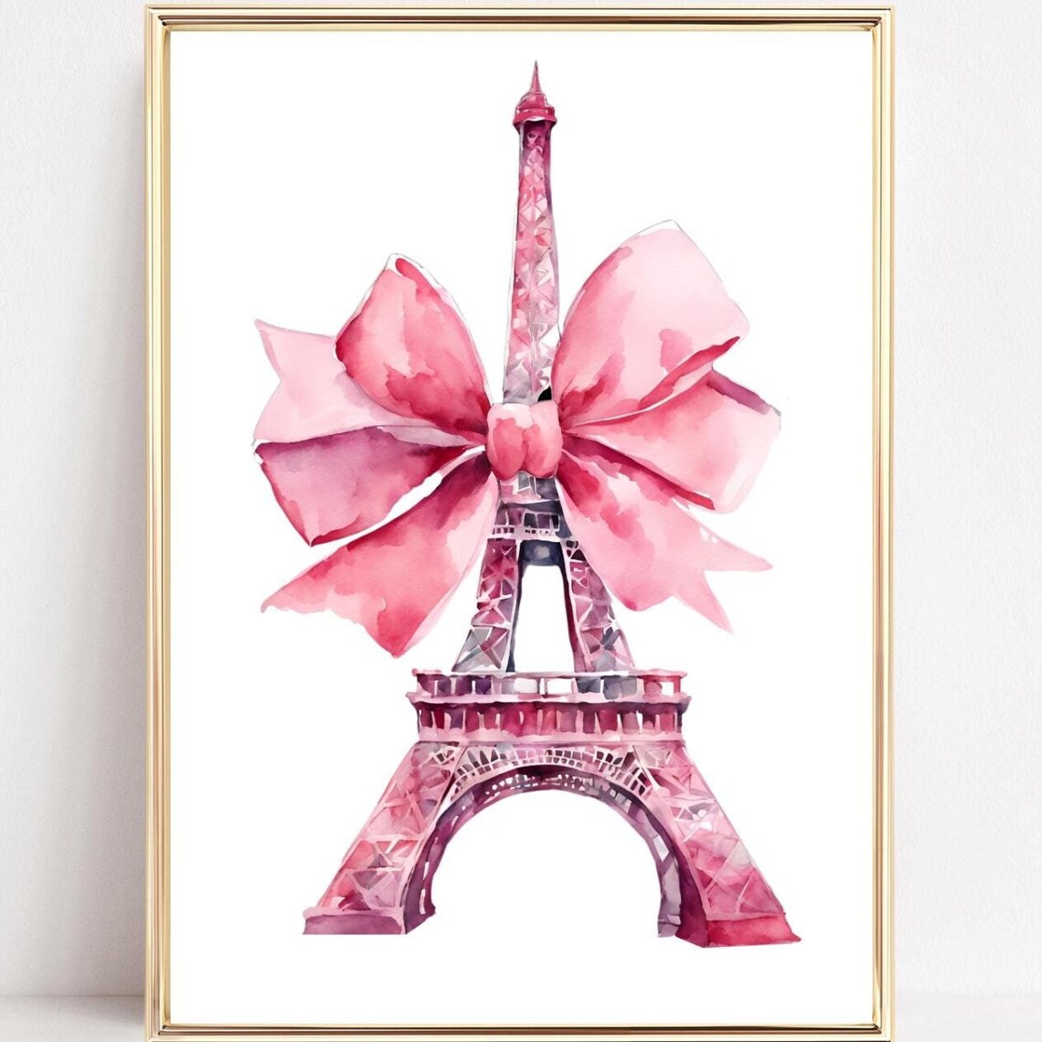 Paris Eiffel Tower Pink Bow Watercolor Art Print
