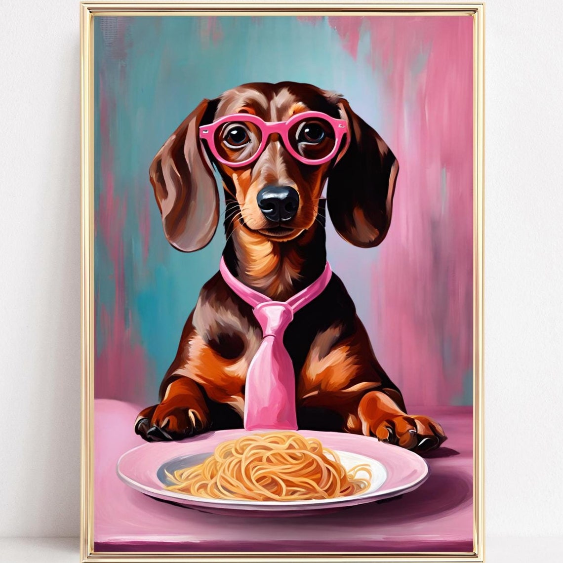Funny Dachshund in Pink Glasses Eating Spaghetti Dinner Poster