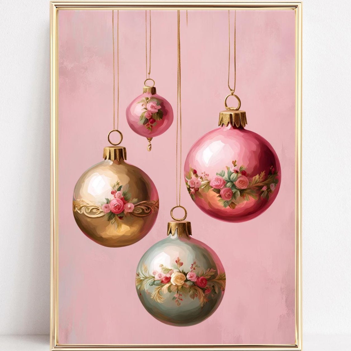 Pink Christmas Baubles Hand Painted Floral Ornaments Wall Poster