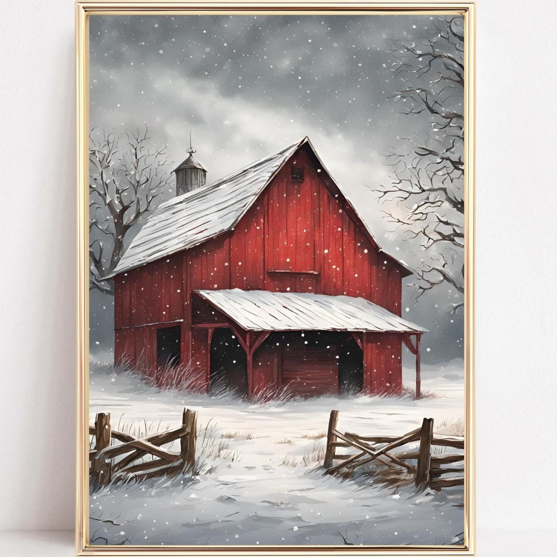 Red Barn Winter Snow Farm Landscape Rustic Vintage Art Poster