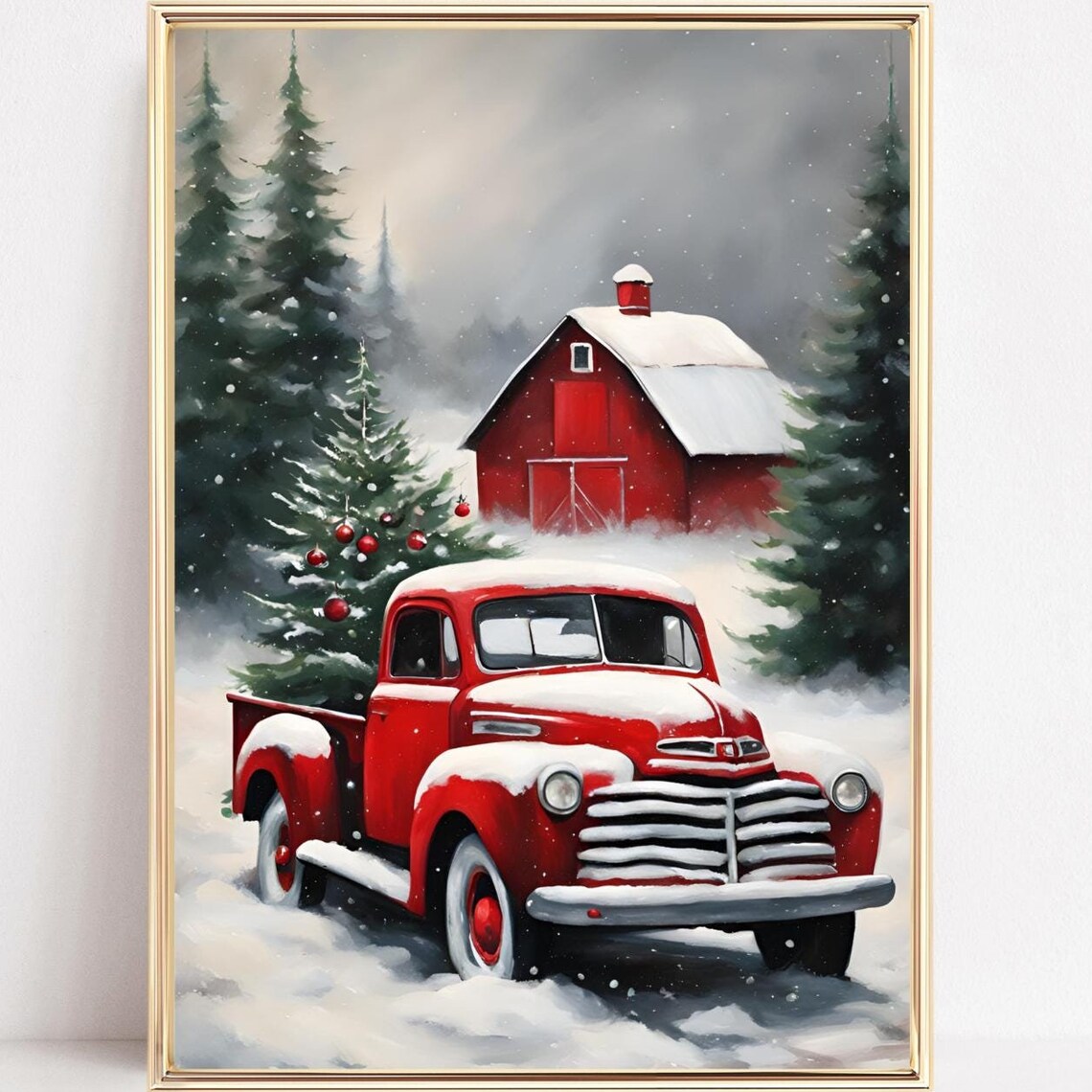Vintage Red Truck Christmas Tree Snowy Red Barn Holiday Poster