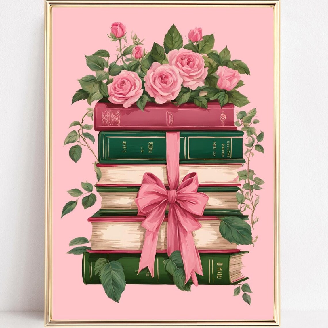Stack of Vintage Books with Pink Bow and Roses Reader Decor Poster