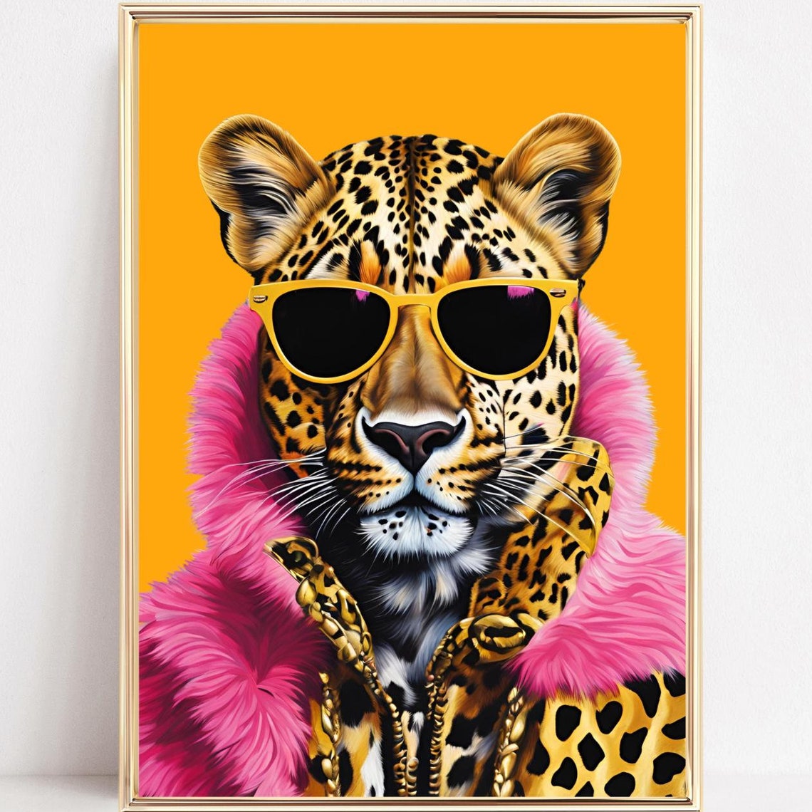 Leopard Yellow Sunglasses Pink Faux Fur Coat Pop Art Wall Poster